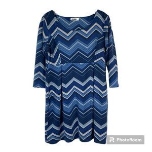 L.A Soul Blue Stripes Chevron Print Pleated 3/4 Sleeve Fit & Flare Dress L